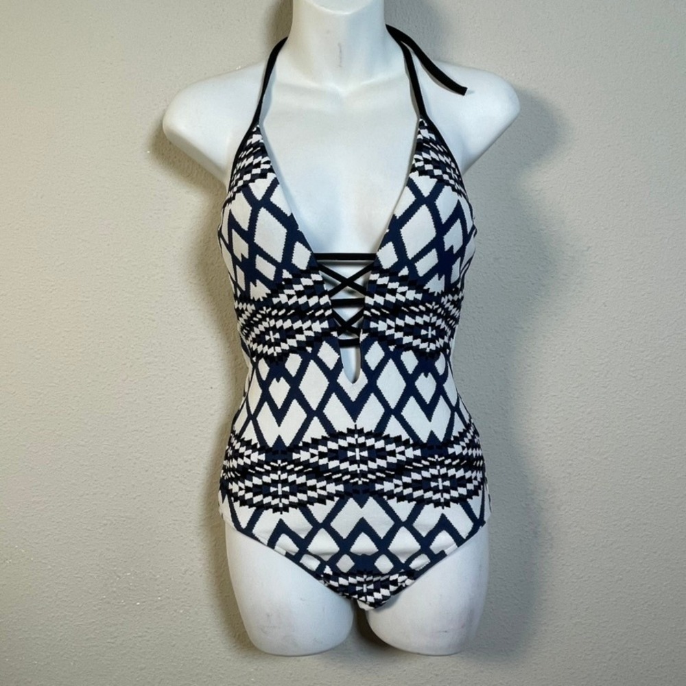 Seafolly One Piece Swimsuit Women 8 Blue White Geometric Lattice Halter Resort